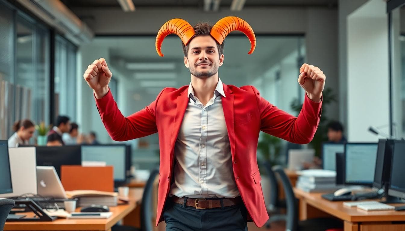 Image generated by AI: 白羊座專業人士在會議室主持討論，促成團隊共識。