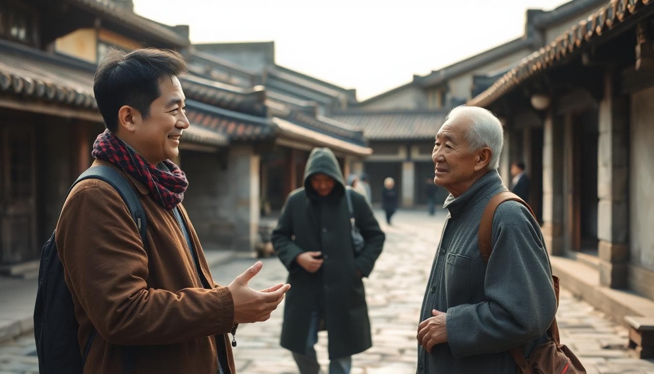 Image generated by AI: 尊重地點的遊客向當地居民詢問拍照許可,光線柔和,畫面和諧。