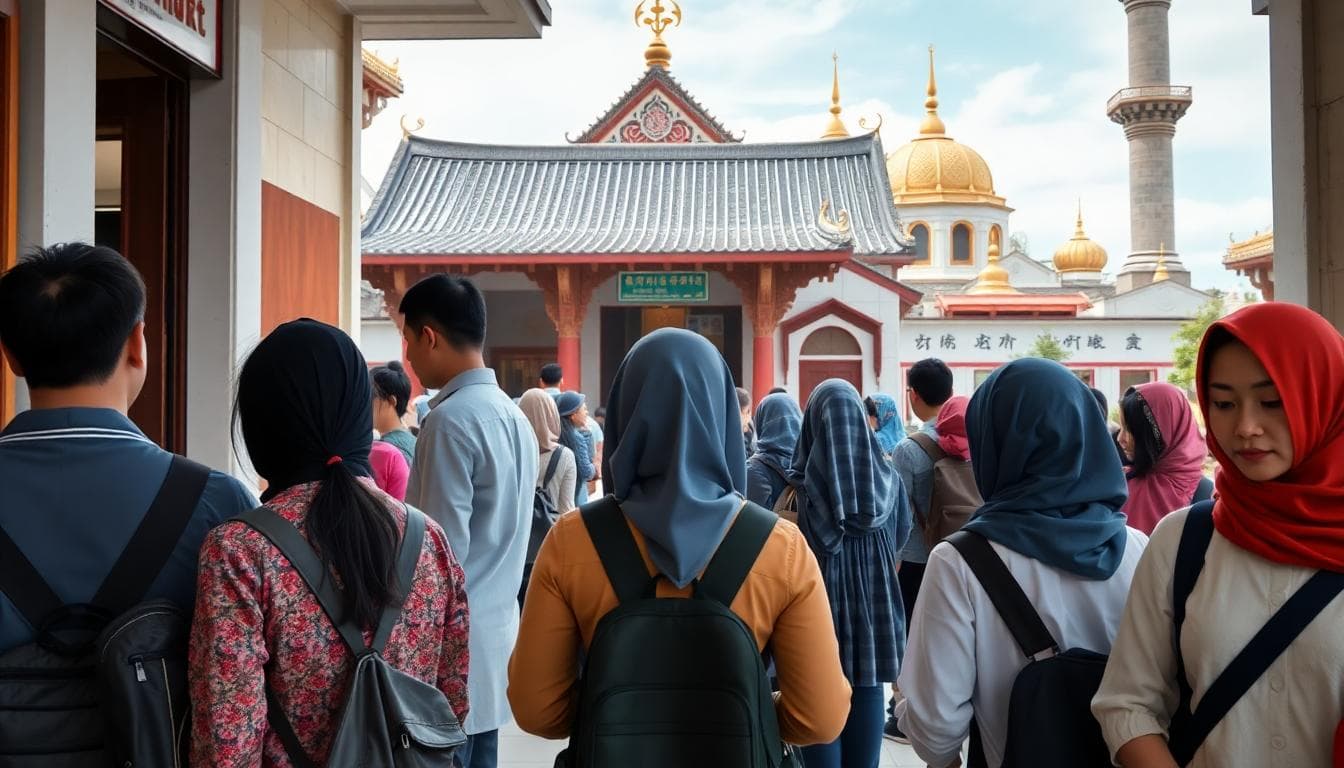 多元宗教入口區的尊重入場 AI 圖像,展示適當著裝與入場禮儀,無文字