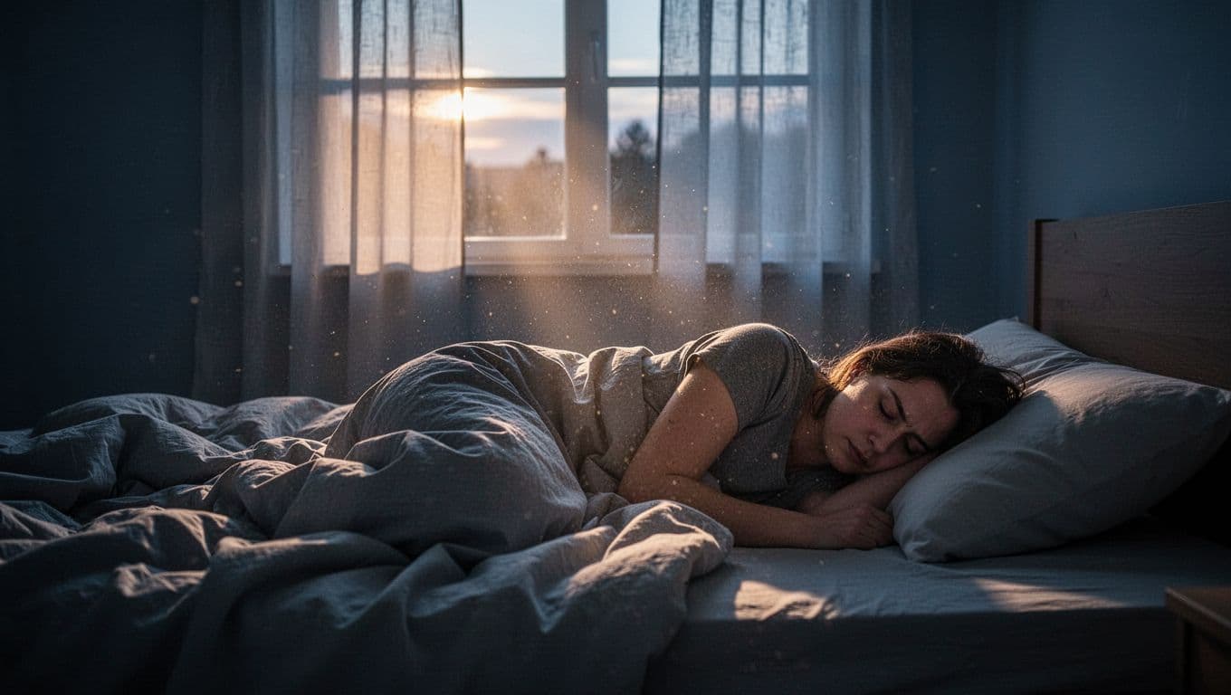 低預算訂製窗簾:遮光等級怎麼選睡得香 A realistic bedroom scene at dawn features soft morning sunlight sneaking through thin curtains onto a bed where a tired person tosses and turns in restless sleep. Moody blue tones and detailed light rays through dust particles create an atmosphere of interrupted serenity.