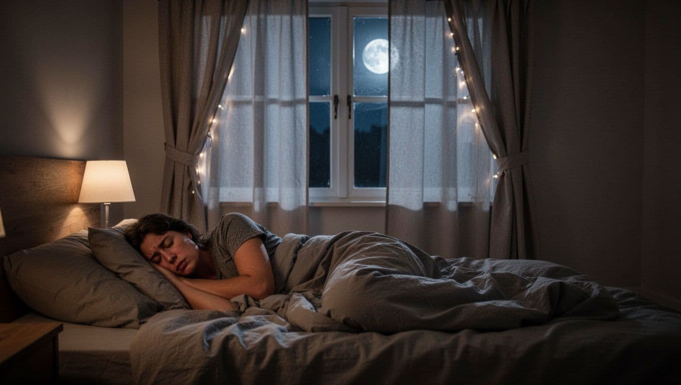 訂製窗簾一定要花錢的3大地方:布料、五金、安裝全解析 A cozy bedroom at night illuminated by a dim bedside lamp, where one restless person lies in rumpled sheets unable to sleep due to moonlight leaking through gaps in light-colored curtains.