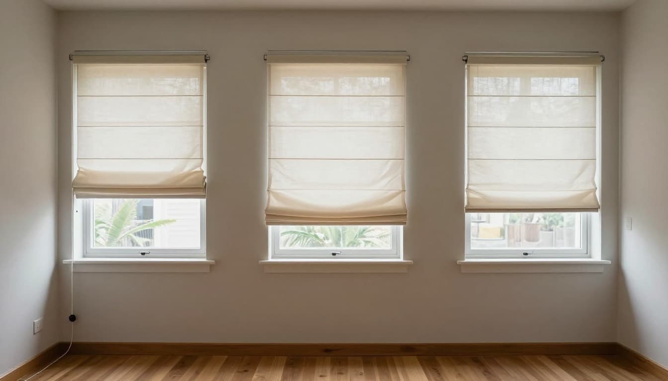 兒童安全窗簾配件會加價嗎?家長必懂真相 A bright, cozy modern home office with three side-by-side windows showcasing safe curtain types: roller blind with wall-mounted cord tensioner, cordless Roman shade, and Venetian blind with automatic cord retractor. Soft daylight filters through minimalist room with wooden floors and neutral walls, high detail on safety features, realistic photography.
