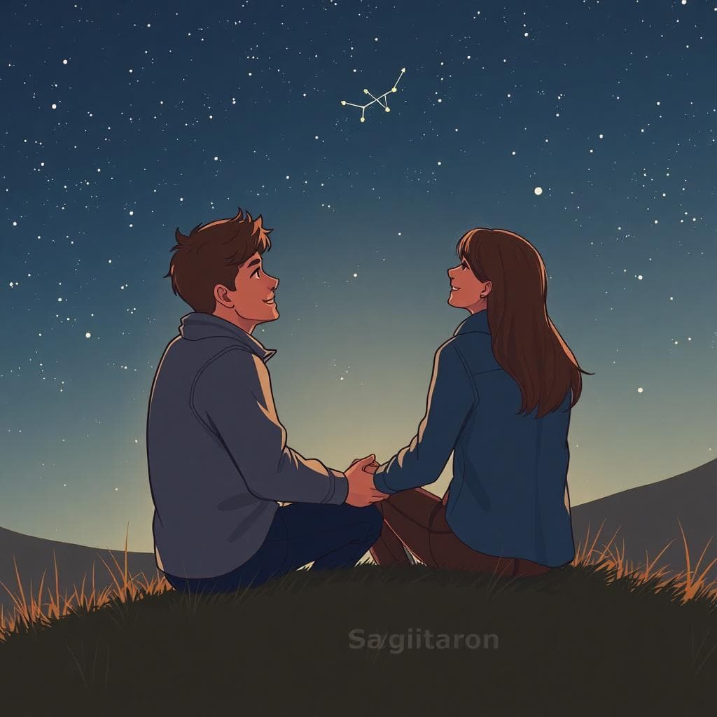 AI 圖像:星空下的真誠告白場景,射手座象徵著自由與冒險