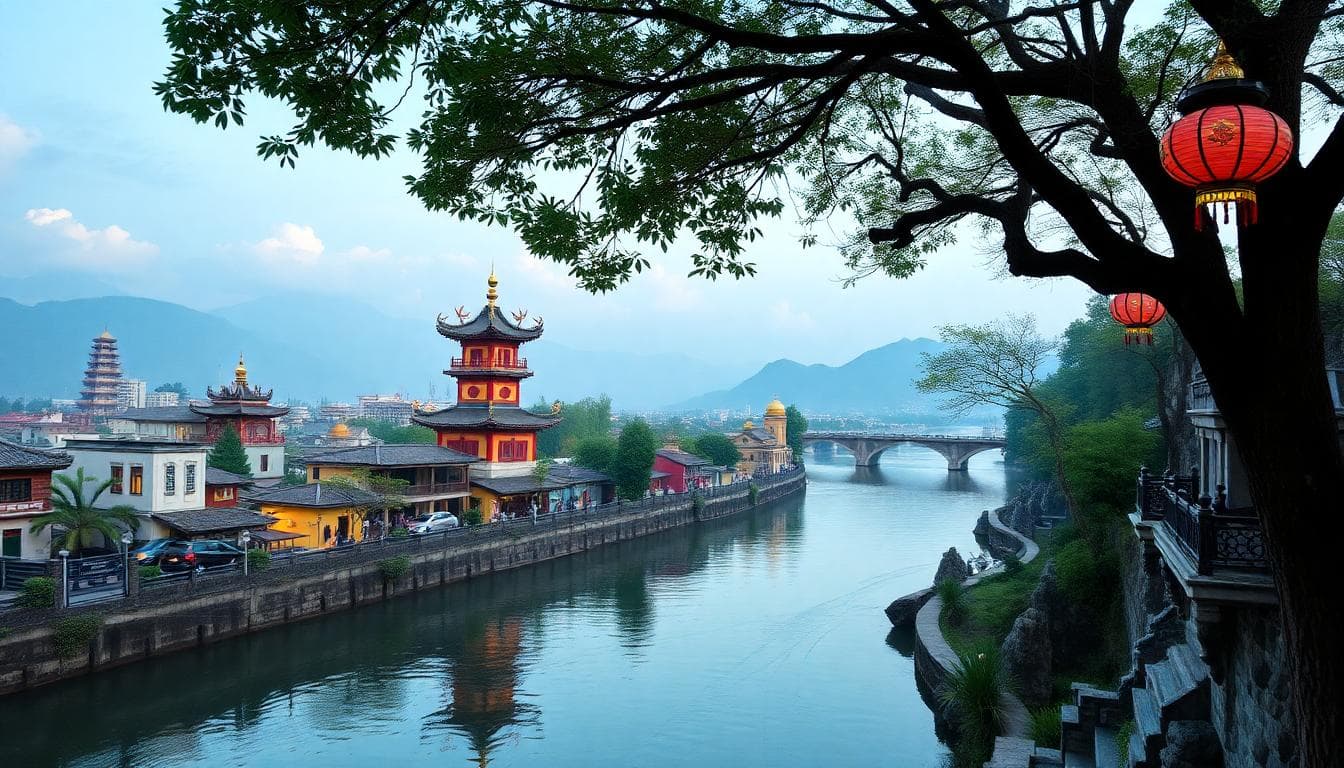 一對戀人手牽手走在古老的石橋上,背景融合堅實的山峰和寧靜的海洋,夕陽餘暉灑落,營造溫暖信任氛圍,前景聚焦他們的微笑眼神交流,背景有輕柔波浪和巖石,風格寫實浪漫,色調藍紫與大地色,細節豐富自然光影。