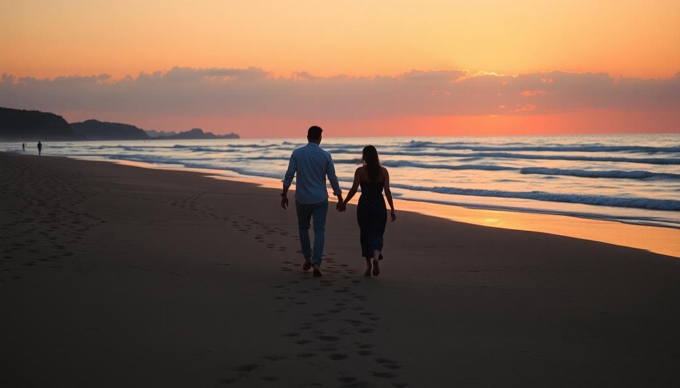 黃昏海邊浪漫散步