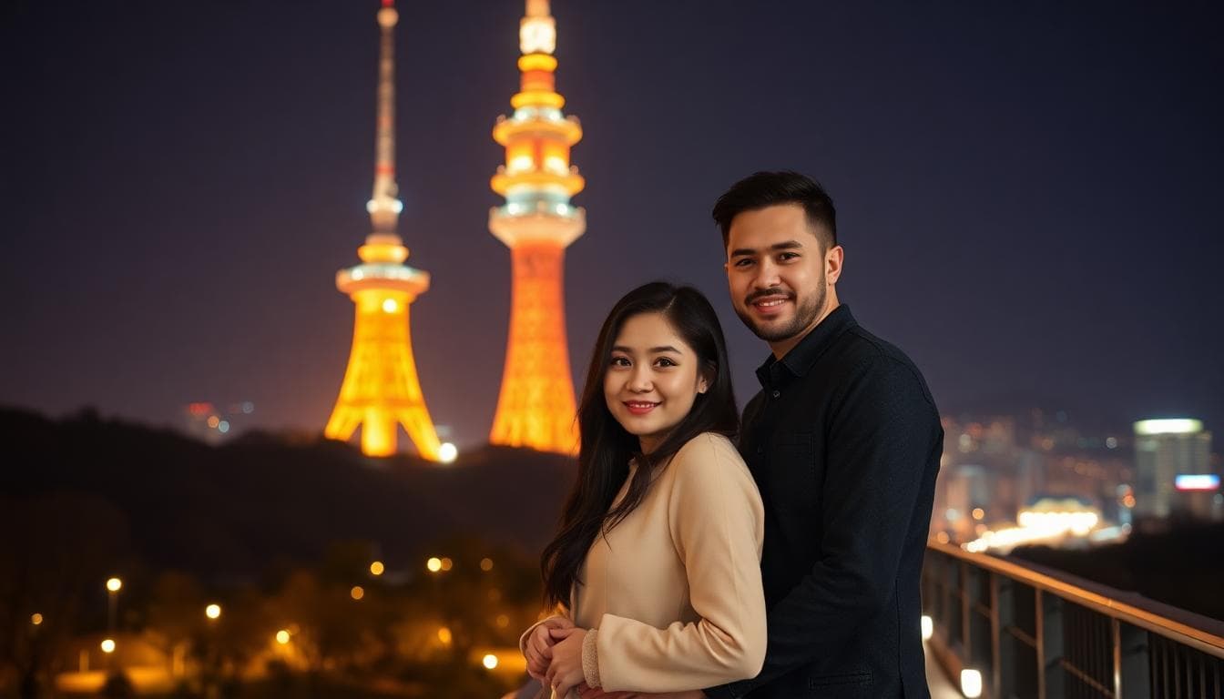 光影交織的首爾夜景與情侶