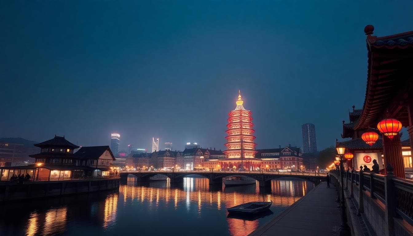 夜晚城市夜景與浪漫氛圍，情侶在河岸拍攝示意