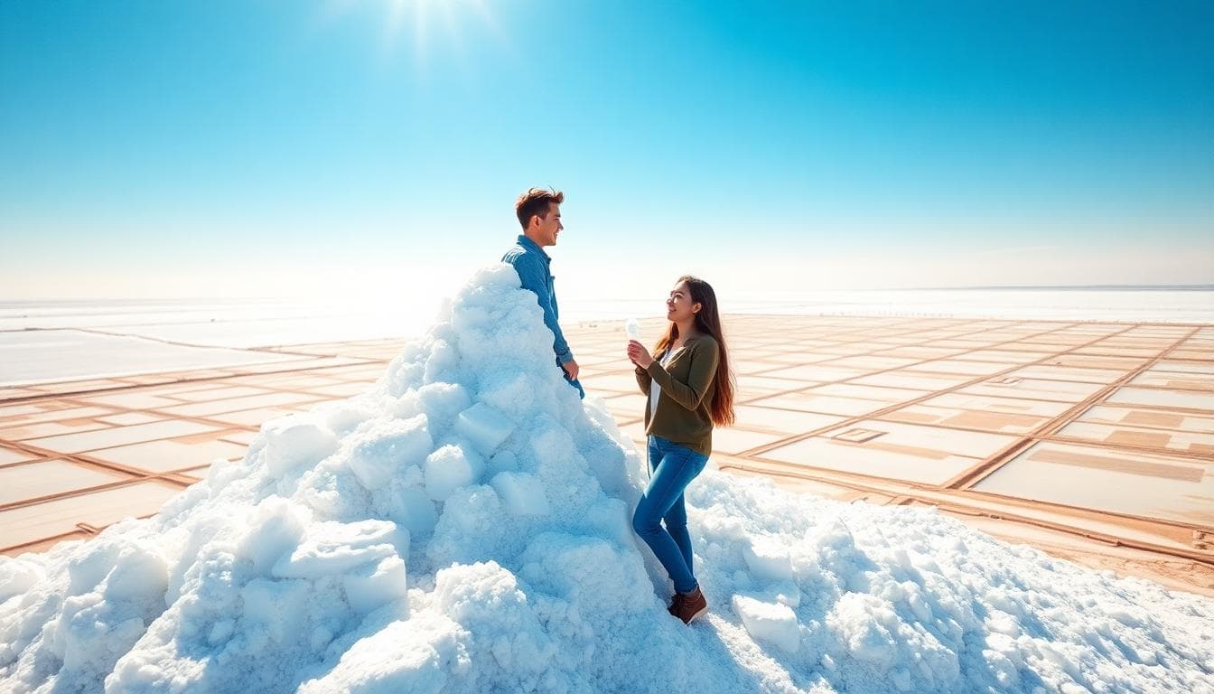 台南七股鹽山浪漫場景,一對年輕情侶攀登白色鹽堆如小雪山,在藍天下分享鹽冰,背景是廣闊鹽田和蒸發池