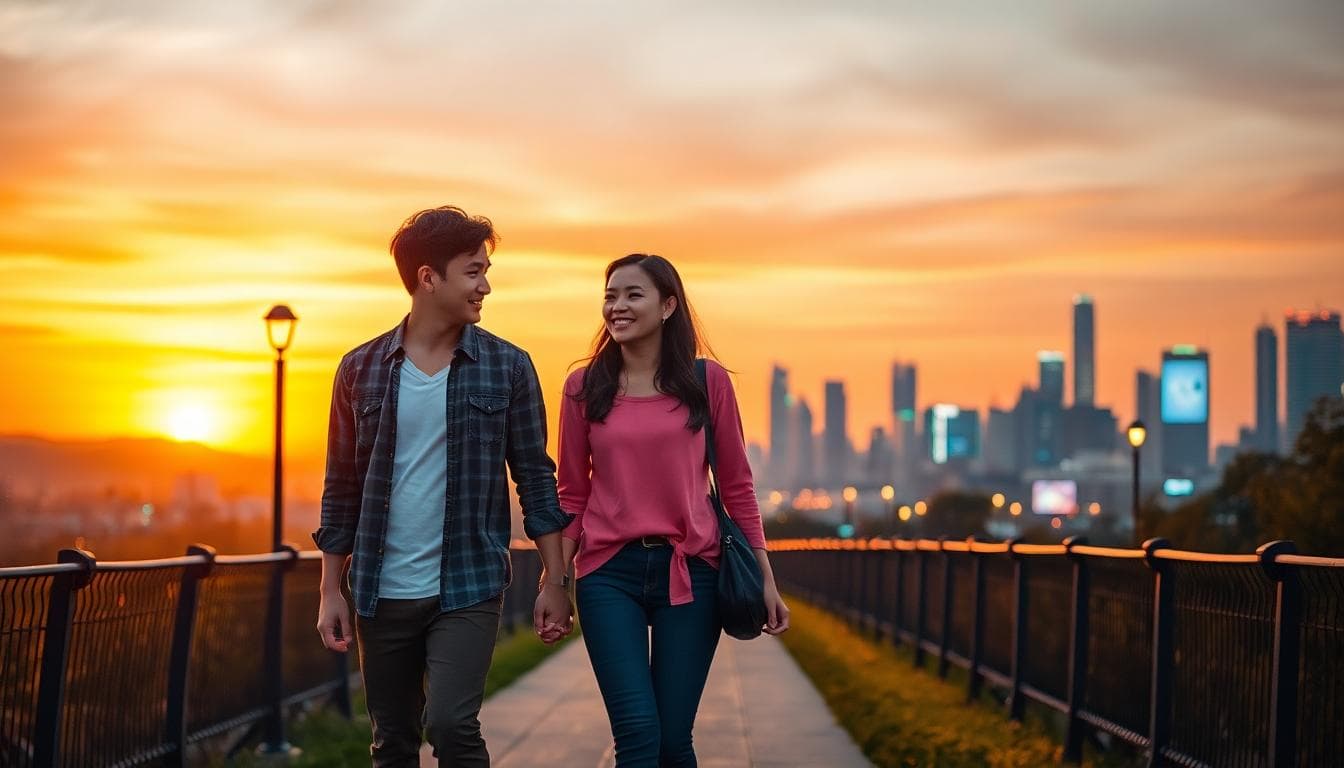 光影交織的首爾夜景與情侶