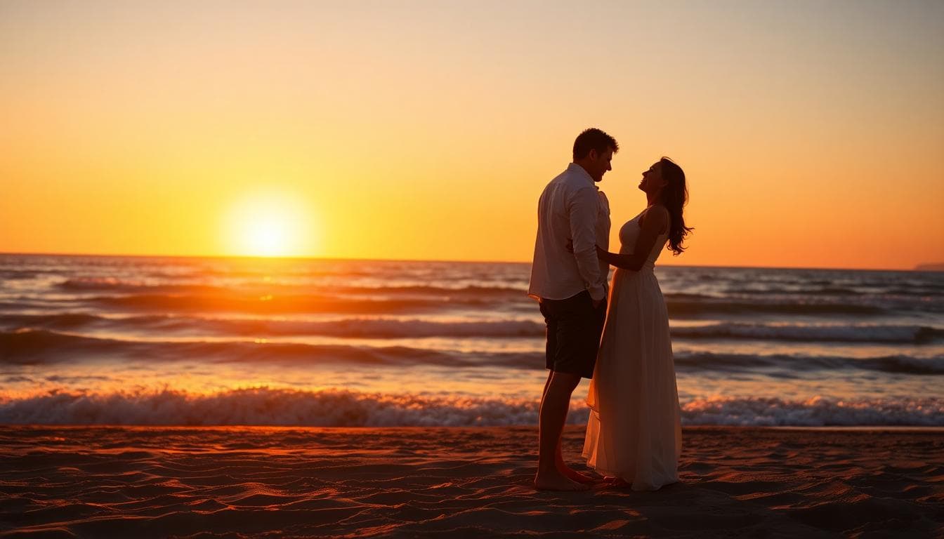 黃昏海邊浪漫散步