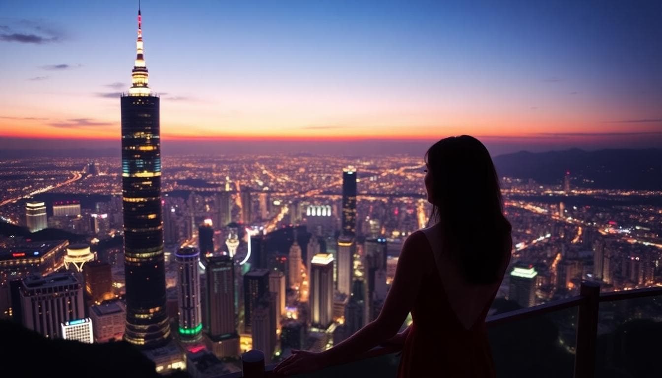 浪漫的台北101觀景台夜景,一對情侶手牽手俯瞰城市燈光