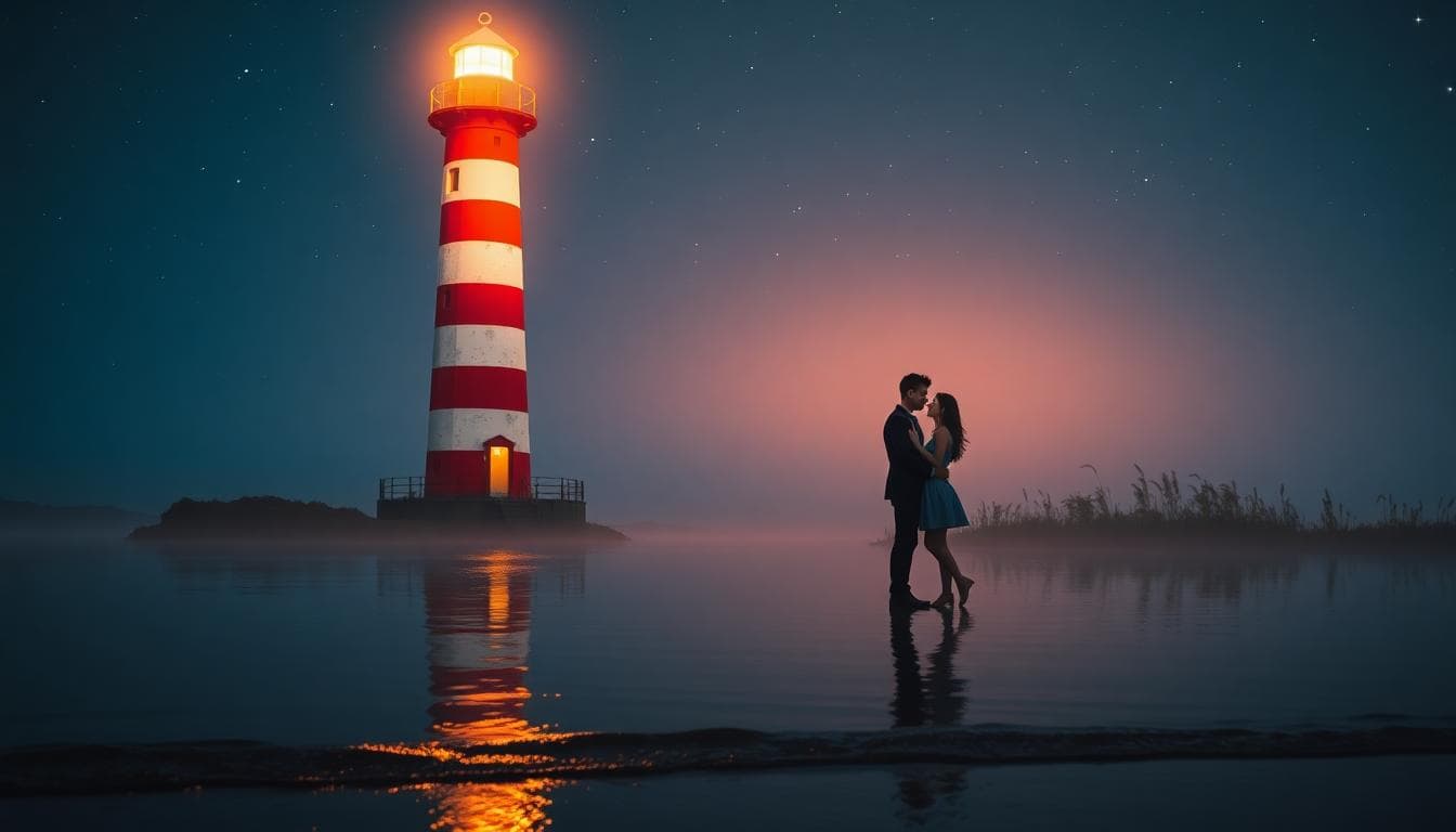 浪漫的高美燈塔夜景，紅白燈塔在星空下閃耀，濕地反射燈光與水波