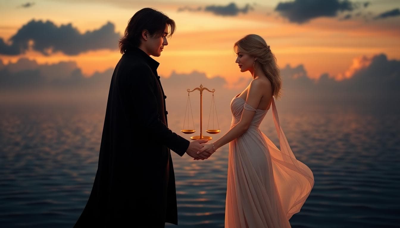 Image generated by AI romantic Libra-Scorpio encounter by a lake at dusk