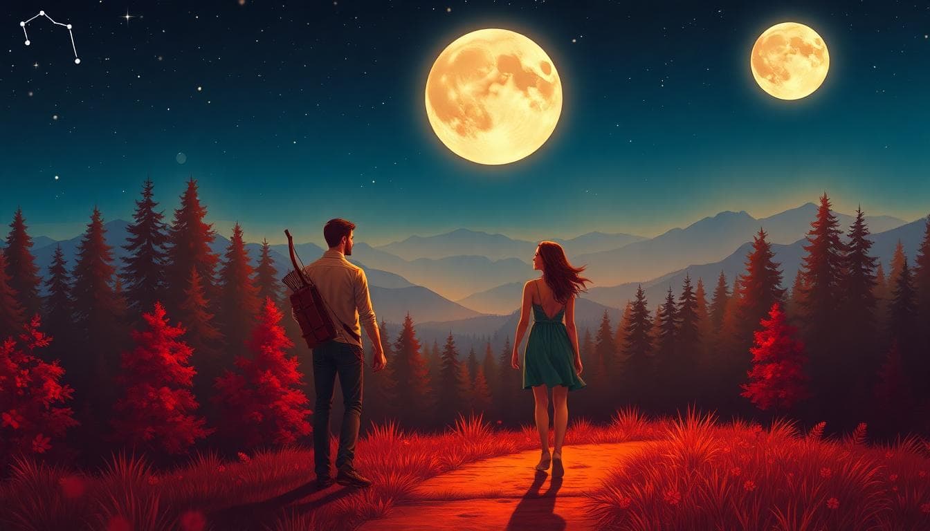 A romantic scene under a full moon with Sagittarius constellation visible in the starry night sky, featuring a couple walking hand in hand along a winding path through a lush forest leading to distant mountains, symbolizing freedom and commitment in love. The man has an adventurous spirit, with a bow and arrow subtly in the background, while the woman looks content and independent. Warm fiery tones of orange and red blend with cool blues of the night, evoking passion and exploration. Foreground shows the couple and path, background includes the moon, stars, and horizon. Style is realistic yet dreamy, like a fantasy romance illustration, no text or watermarks.