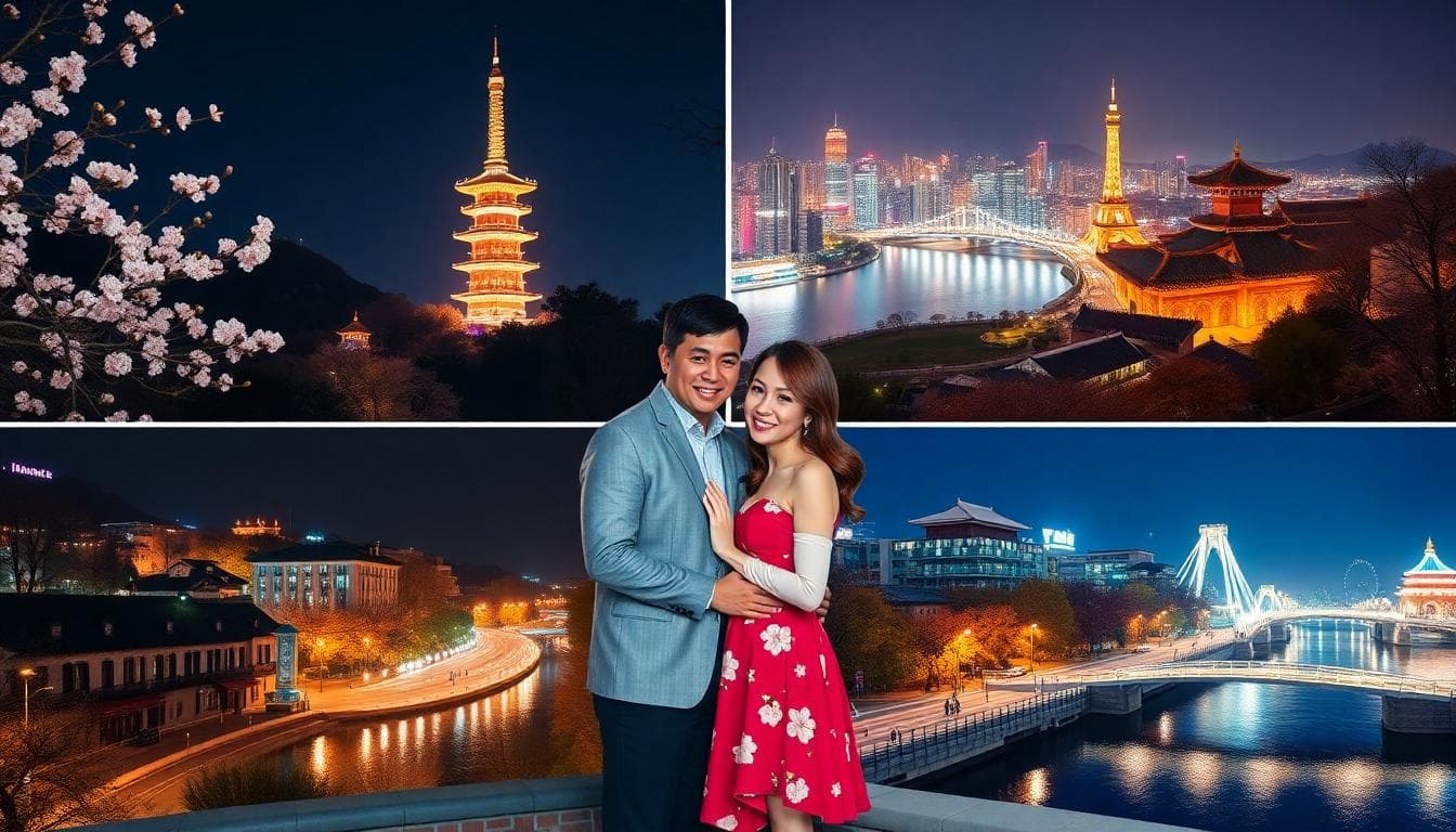 A romantic couple posing for a photo at Seoul's night view spots during different seasons: spring with cherry blossoms around Namsan Tower, summer with vibrant city lights and green parks, autumn with colorful foliage along Han River, winter with snowy streets and illuminated bridges. Show four scenes in a collage style, soft warm lighting, high detail, realistic photography style, no text.