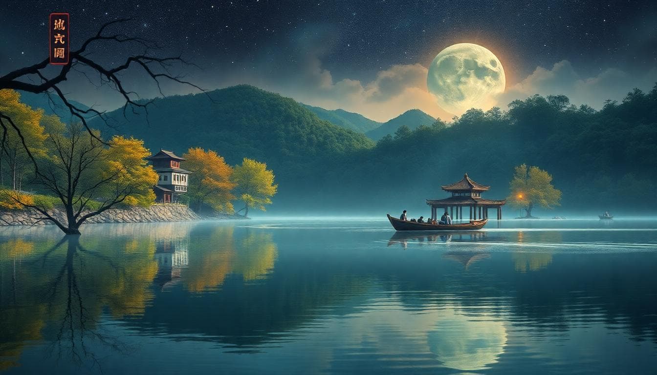 一對情侶在台灣浪漫景點如日月潭湖畔,夕陽西下時選擇求婚時機,手牽手站在木棧道上,背景是寧靜湖水和環繞山巒,氛圍溫暖親密