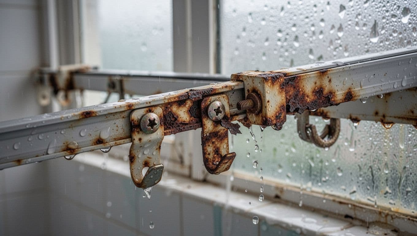 Close-up of a rusted and fractured curtain track with peeling plating, corroded screws, and hangers in a humid bathroom environment with water droplets and dim lighting.