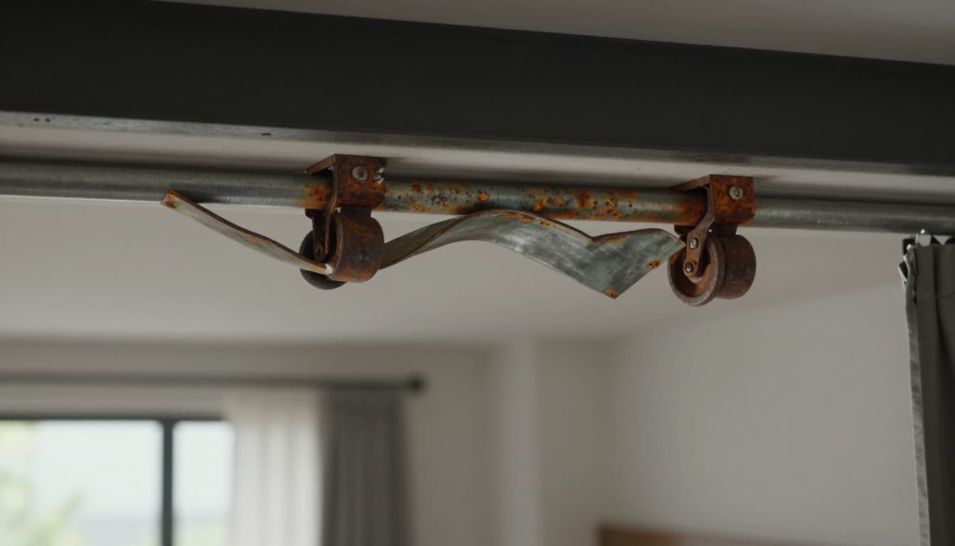 A close-up view of a rusty and deformed ceiling curtain track in a modern living room, showing corroded metal with orange rust spots, bent sections, and stuck slide wheels against a blurred background with a window and uneven curtain fabric.