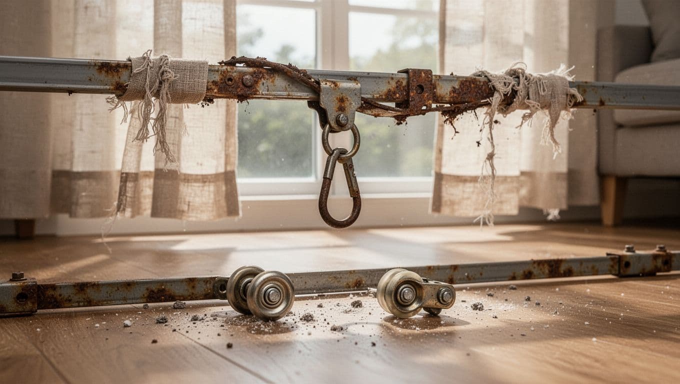 窗簾只換軌道不換布可以嗎?費用優缺點與限制全解析 A household curtain track severely deformed and rusted above a window, with pulley detached on the floor and pull ring stuck, in a bright sunlit living room.