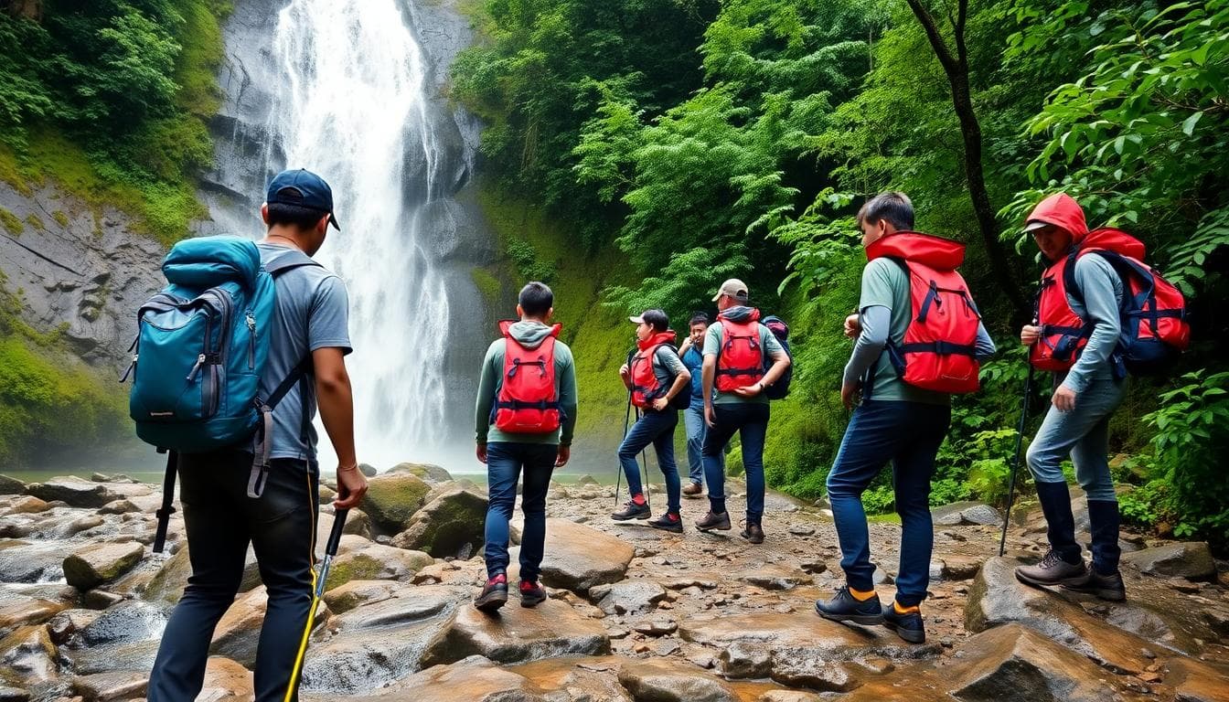 安全健行的瀑布步道，濕滑路面需謹慎