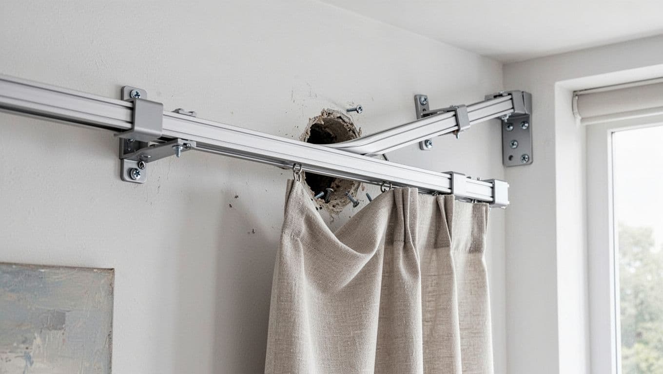 訂製窗簾裝歪怎麼辦?驗收自檢與修法全指南 Photorealistic close-up in a contemporary bedroom showing an aluminum curtain track sagging in the middle due to brackets spaced over 1 meter apart, with wall damage, tilted ends, and draped fabric illustrating the issue.