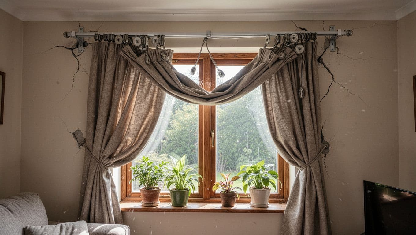 訂製窗簾一定要花錢的3大地方:布料、五金、安裝全解析 Realistic view of a problematic window curtain installation where heavy curtains cause the overhead aluminum track to sag and bend in the center, with worn pulleys, uneven hang, loose brackets, and cracks visible in daylight.