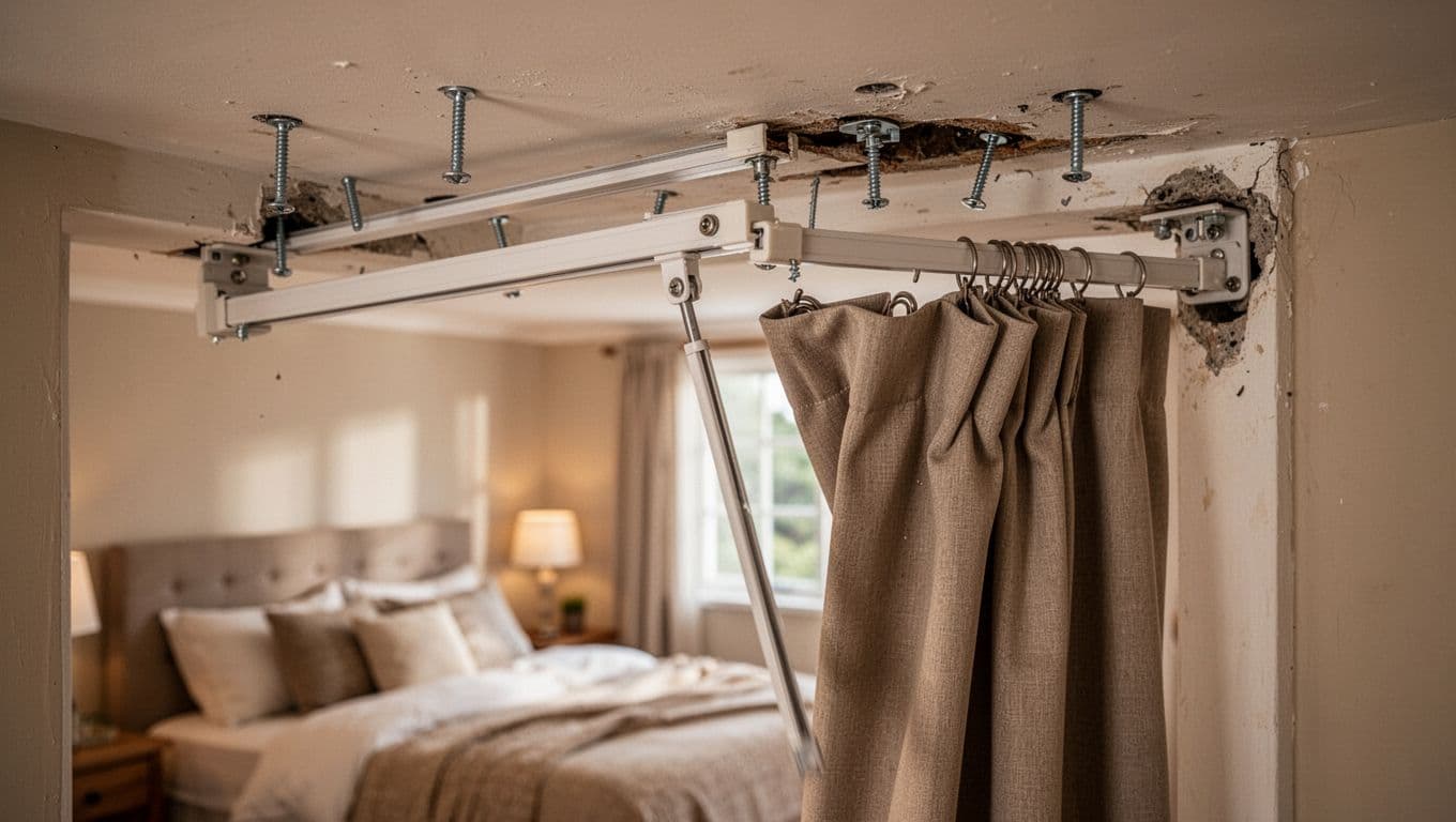 Ceiling-mounted curtain track loosely installed with screws pulling out in a cozy bedroom, track tilted and sagging with crooked curtains under warm light.