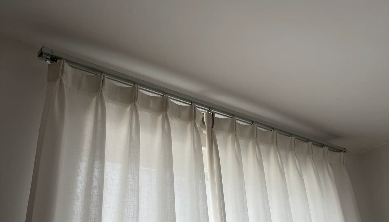 Realistic photo of a long curtain track sagging and deforming in the middle due to heavy curtains, loose hanging clips, and insufficient fixing screw holes on a ceiling background under indoor daylight lighting.