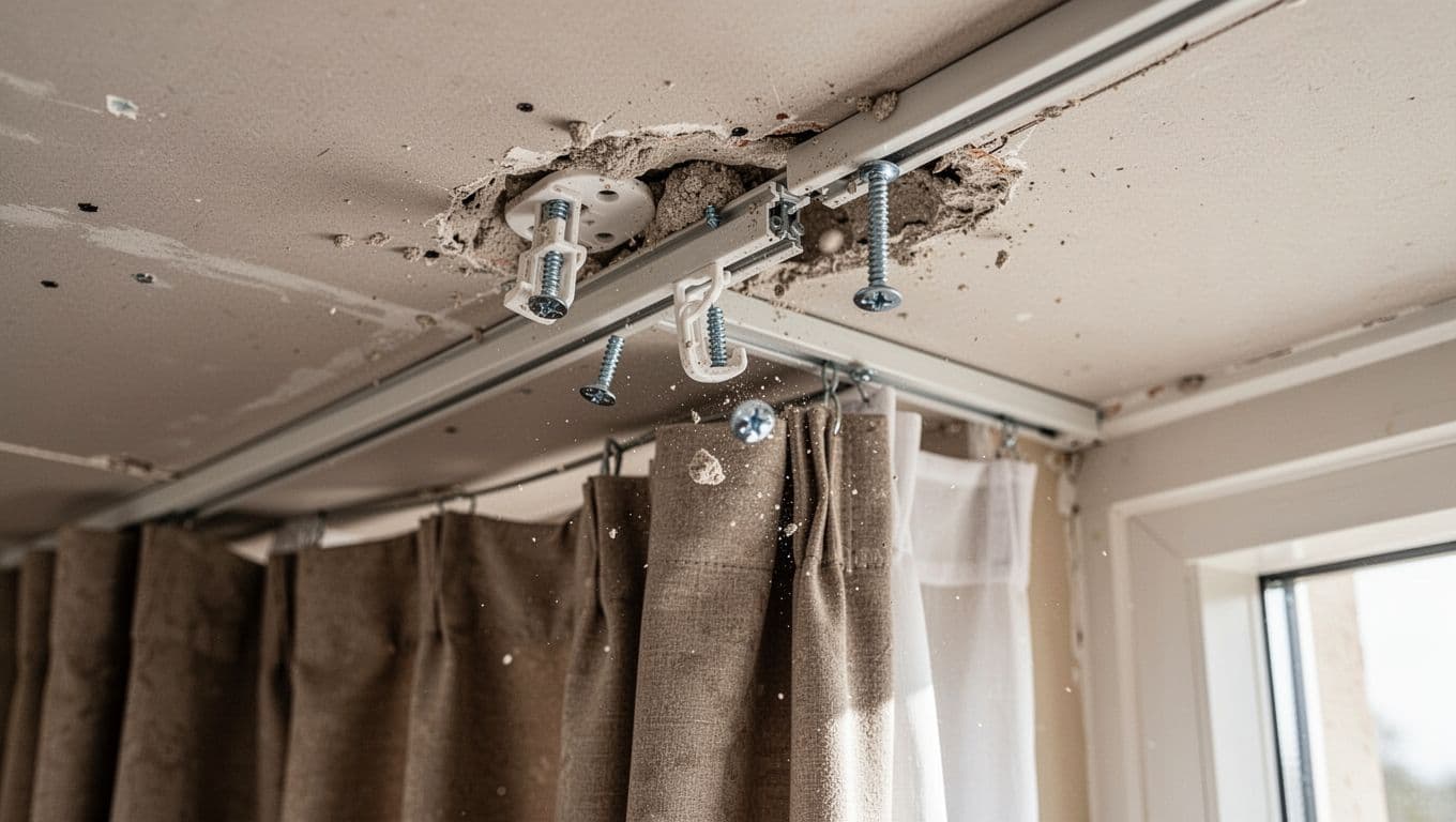 Photorealistic close-up of a sagging curtain track on gypsum board ceiling with loose screws falling out, deformed hanging clips, wall powdering around holes, and heavy curtains partially hanging in a daylight-lit indoor hallway.