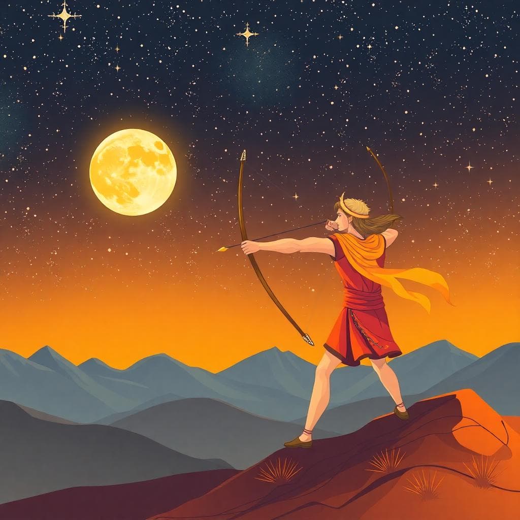 一個生動的插圖，射手座弓箭手在星空下瞄準滿月，象徵樂觀和冒險