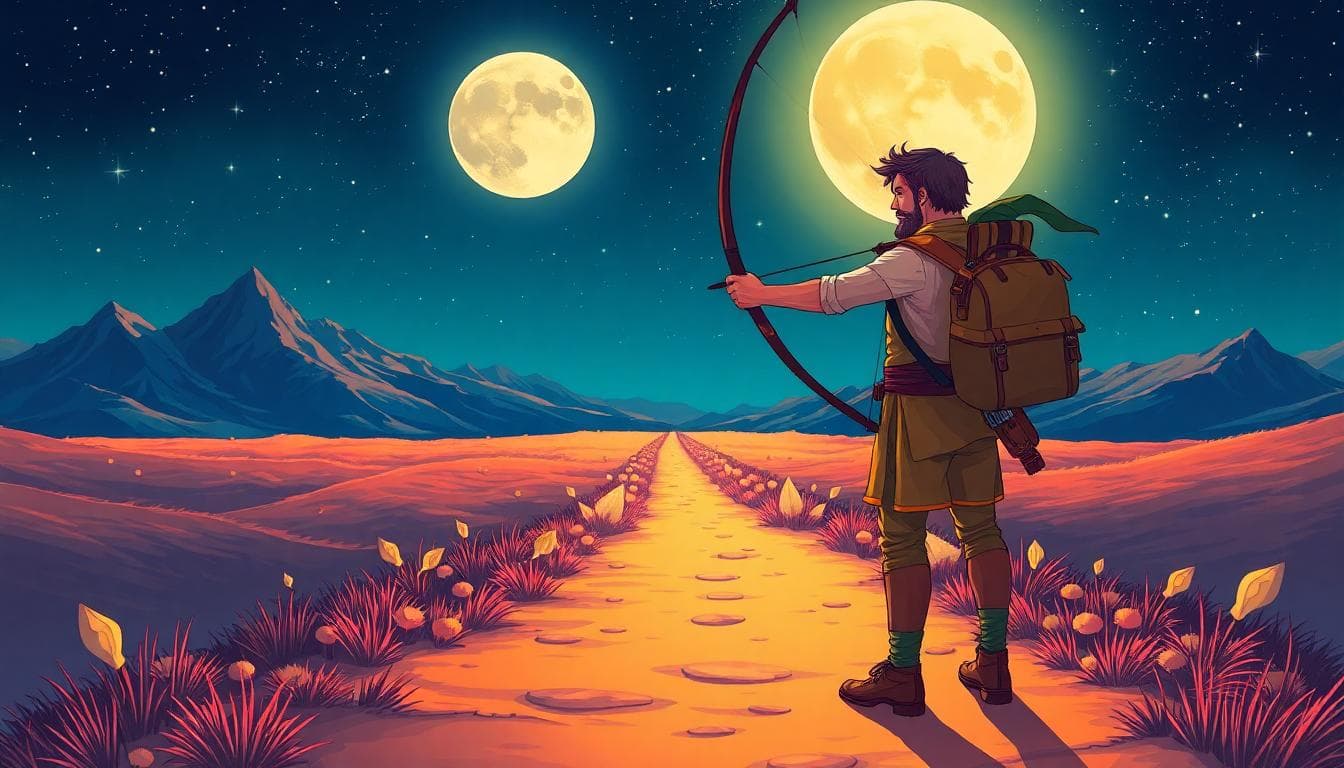 A vibrant illustration of a Sagittarius archer embracing a journey of freedom under a full moon, standing on an open path leading to distant mountains and starry skies, with elements of adventure like a backpack and map, symbolizing emotional release and optimism for moon in Sagittarius. The style is fantasy with warm colors for the moon and path, cool blues for the night sky, detailed and uplifting mood to represent embracing the free spirit.