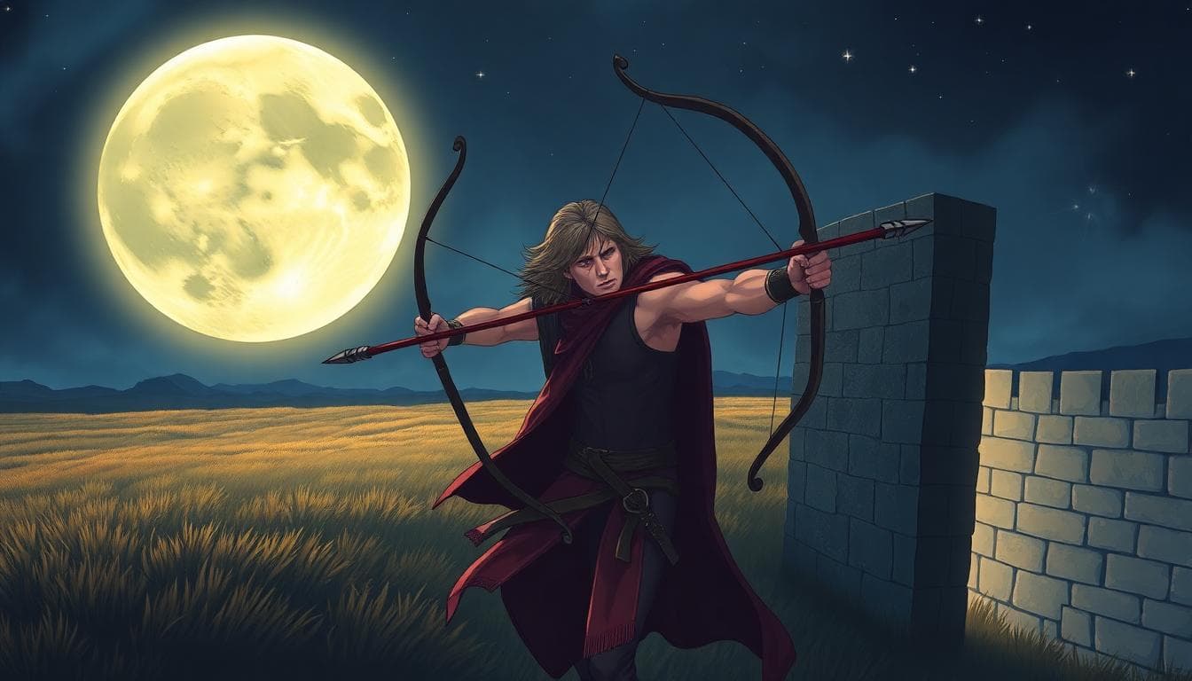 A detailed illustration of a Sagittarius archer under a glowing full moon, looking restless and anxious with arrows scattered around, symbolizing emotional turmoil and stress signals. The background shows open fields turning into confining walls, representing the conflict between freedom and pressure. Use a moody night sky with stars, in a realistic fantasy style, vibrant colors for the moon and archer, darker tones for the walls.