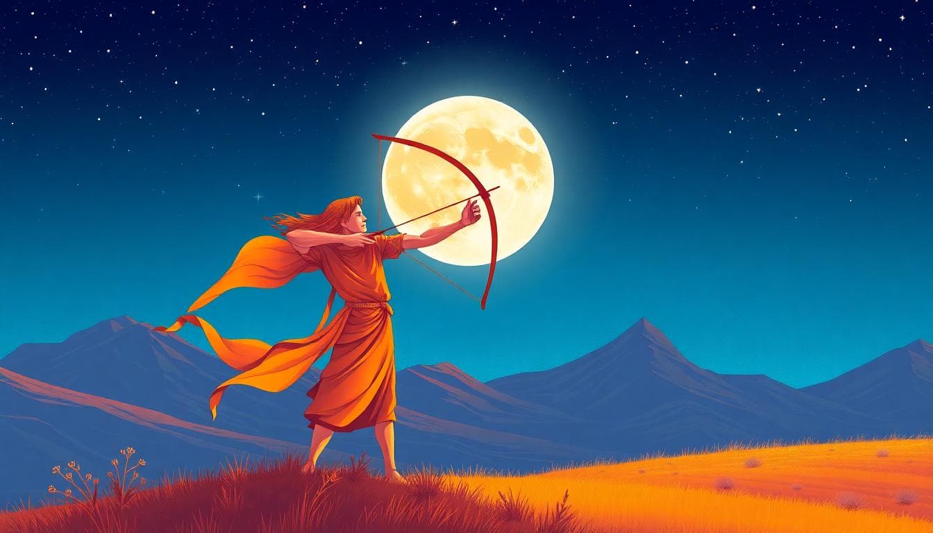 A vibrant illustration of a Sagittarius moon symbol, featuring an archer drawing a bow under a full moon in a starry night sky, with open landscapes like mountains and fields in the background to represent freedom and adventure.