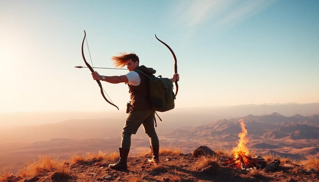 A dynamic scene of a Sagittarius archer standing on a hilltop, bow in hand, overlooking vast open landscapes with mountains in the distance, under a bright sunny sky, symbolizing adventure and freedom.