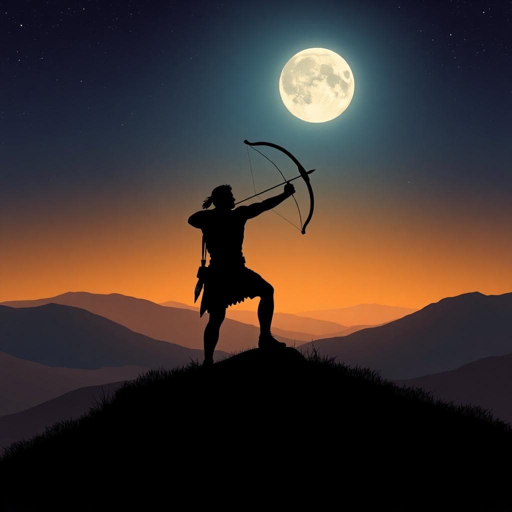 A Sagittarius archer silhouette under a bright full moon in the night sky, standing on a hilltop with bow and arrow, symbolizing freedom and independence in emotional styles. The scene conveys optimism and exploration, with vast open landscape in the background including mountains and stars. Foreground shows a subtle sense of emotional distance yet connection. Style: realistic digital art, warm orange and blue tones, adventurous and uplifting mood. No text or watermarks.