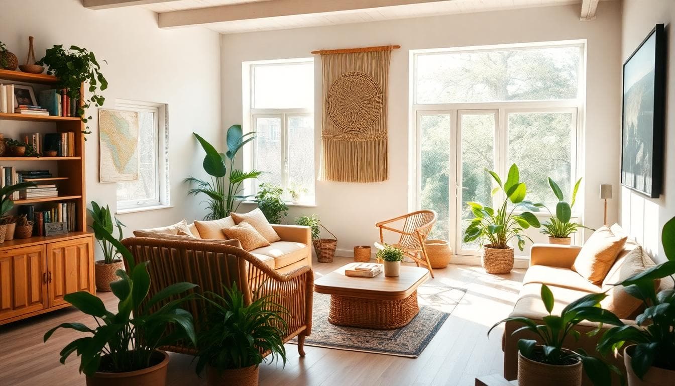 A bright and open living room embodying freedom and adventure for Sagittarius moon sign, featuring wooden furniture like a rattan chair and woven wall hanging, large windows allowing natural light to flood in, potted green plants scattered around creating an outdoor feel, a bookshelf filled with travel books and maps in the corner, warm earthy tones, airy layout with space for movement, in a bohemian style with natural textures and no clutter, high detail, vibrant yet serene mood.