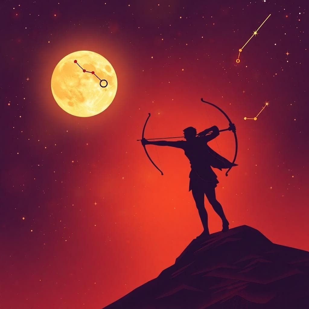 A vibrant illustration of a full moon in the night sky with Sagittarius constellation highlighted, an archer silhouette aiming at stars, evoking freedom and adventure, in a warm fiery color palette, starry background. Foreground shows the moon glowing softly, background filled with distant galaxies and shooting stars. Style is whimsical and mystical, like a fantasy art piece.