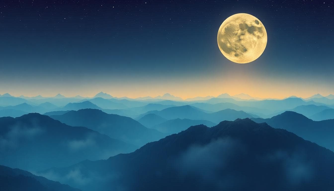 夜晚天空下，一輪明亮的滿月位於射手座星座中，射手座的弓箭手形象清晰可見，周圍散布星星，傳達出冒險與自由的氛圍。前景中，一個人站在山丘上眺望地平線，象徵獨立與探索。風格：寫實的天文插圖，溫暖色調，強調自由精神。背景包括遼闊的草原或海洋，增加開放感。