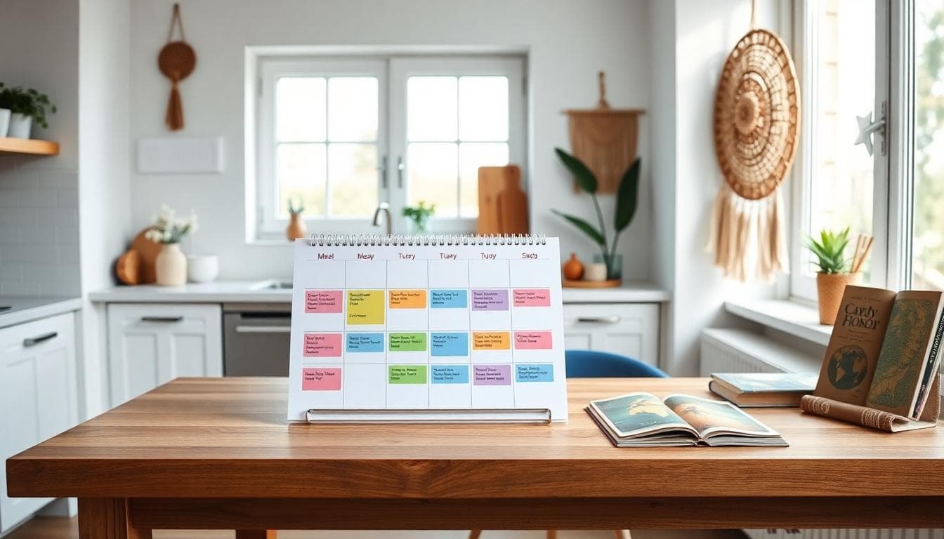 A bright and organized kitchen table with a weekly meal planner