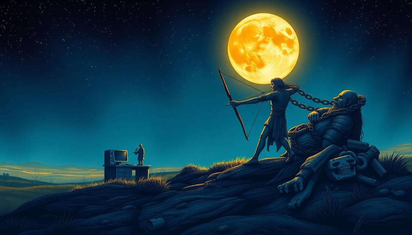 A symbolic illustration of Sagittarius moon stress triggers, showing an archer under a full moon feeling confined by chains or walls in an open landscape, with elements like a cluttered office and relationship symbols representing daily restrictions, transitioning to sudden changes like storms or unexpected events impacting inner freedom. Use a fantasy style with vibrant colors for the moon and archer, darker tones for constraints, starry night sky background, detailed and atmospheric to evoke hidden emotional pressures.