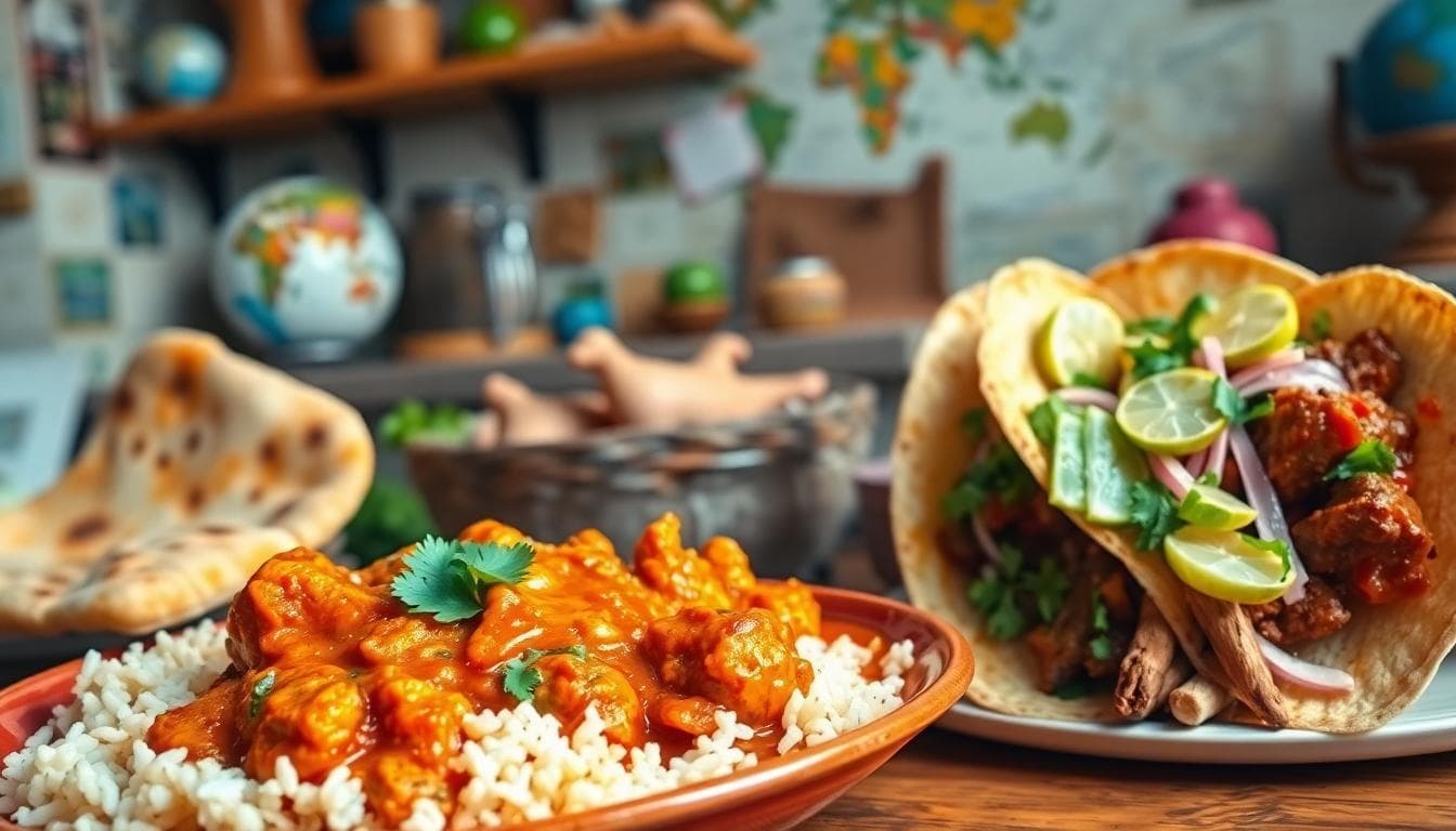 A lively dining scene with spicy Indian curry and Mexican tacos