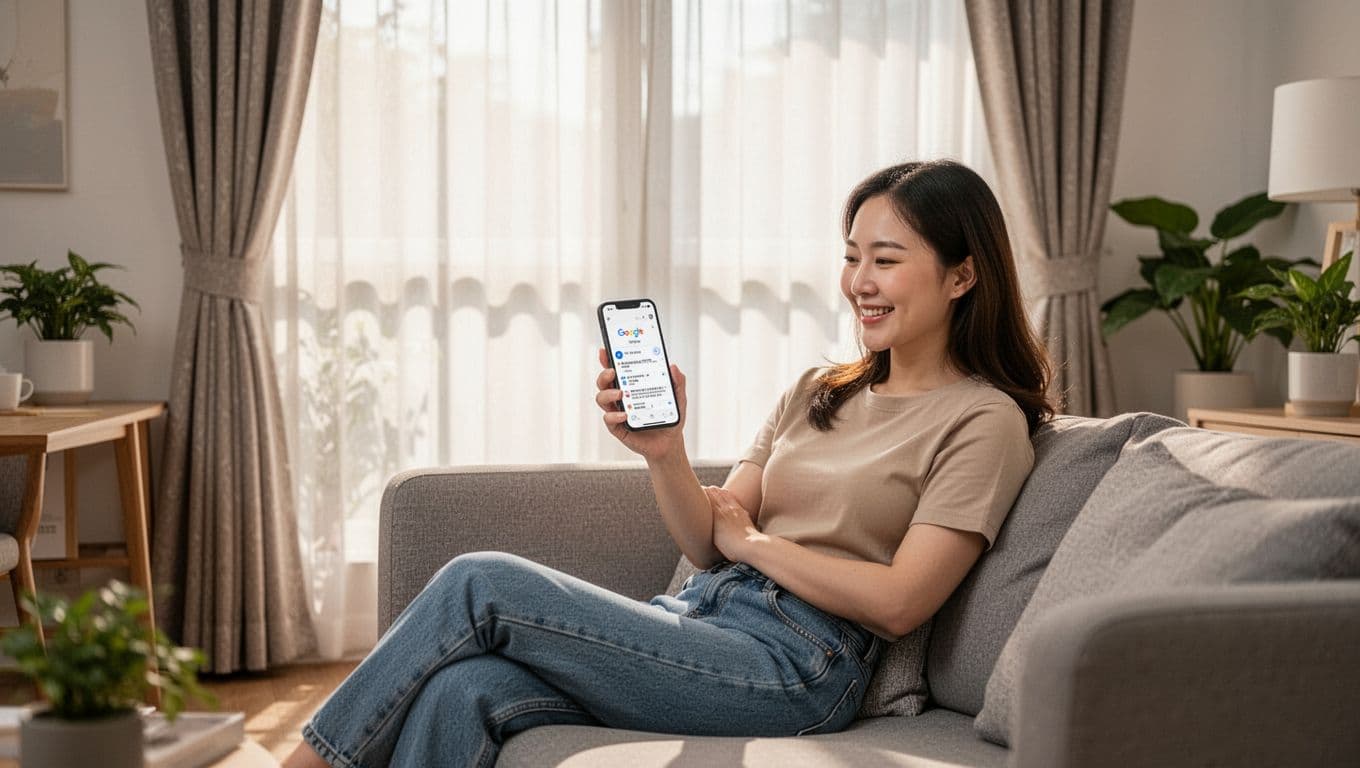 訂製窗簾店家怎麼選?10個指標讓你第一次就找對 A satisfied Taiwanese female homeowner in casual clothes sits relaxed on a modern sofa in a bright living room adorned with elegant custom curtains, happily scrolling through positive Google reviews on her smartphone.