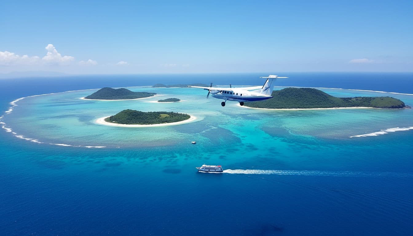 小型螺旋槳飛機接近澎湖群島的空中景觀,藍綠海水、白沙灘和綠丘陵散布島嶼,下方有渡輪航行,晴朗藍天