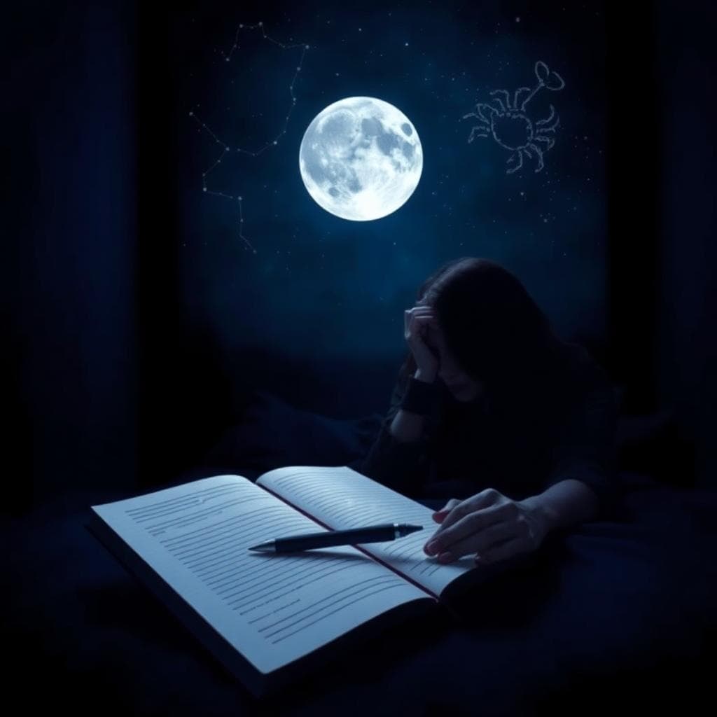 A contemplative person under a Scorpio moon, journaling emotions in a dimly lit room with deep blues and purples, symbolizing self-awareness and boundary setting. Foreground: notebook with pen, background: starry night with Scorpio constellation. Style: mystical and introspective, digital art.