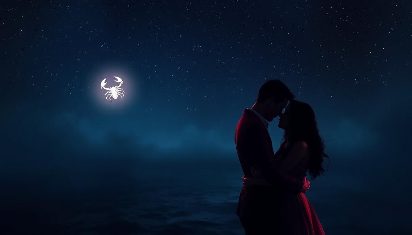 A romantic scene depicting deep emotional passion and subtle defense in a Scorpio Moon influenced love relationship