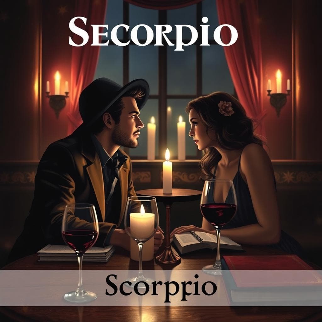 A romantic first date scene for Scorpio zodiac sign, featuring a mysterious couple in a dimly lit cozy cafe, intense eye contact, passionate and deep conversation, dark ambiance with candlelight, elegant attire, realistic style, foreground shows wine glasses and books, background subtle starry elements.