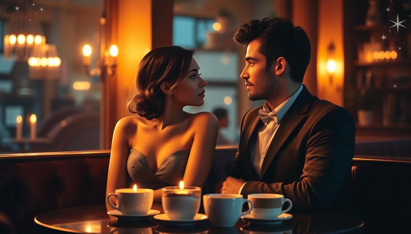 A romantic first date scene for Scorpio zodiac sign, showing subtle physical interactions like a gentle touch on the arm during conversation in a dimly lit cafe, intense eye contact, passionate and deep connection, couple in elegant attire, warm candlelight ambiance, foreground features coffee cups and a shared secret moment, background with soft shadows and starry motifs, realistic style, moody and intimate vibe, no text or watermarks.