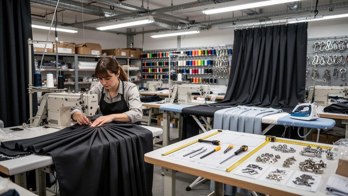 Interior of a busy curtain manufacturing workshop with one seamstress at a sewing machine stitching thick blackout curtain fabric forming pleats. Nearby ironing board holds pressed curtains, quality check table with tools, shelves of threads and hooks under industrial lights.