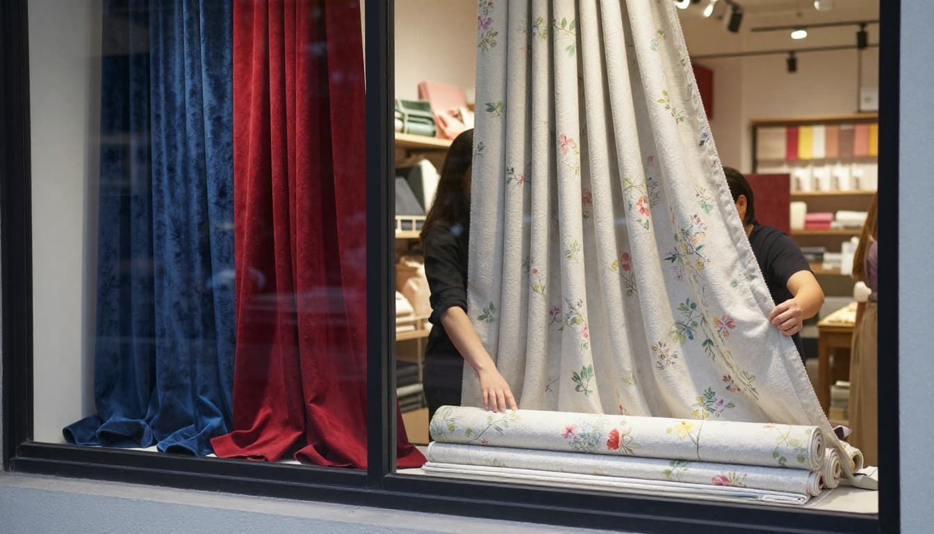 Seasonal transition in a home decor store window display: left side shows heavy winter velvet curtain fabrics in deep blues and reds being removed, right side new lightweight summer linens in pastels and florals being arranged, soft spring sunlight filtering through, one store employee adjusting a fabric roll.
