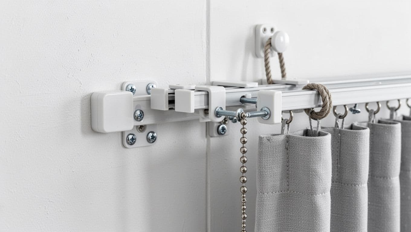 訂製窗簾裝歪怎麼辦?驗收自檢與修法全指南 Photorealistic close-up of securely installed curtain brackets flush against a white wall, with tight screws, track end caps, and high-positioned safety rope cleat for child and pet safety.